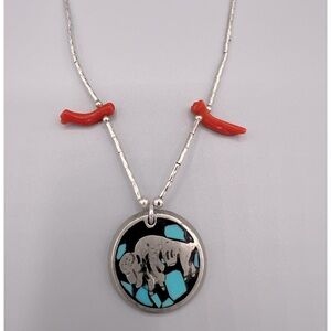 Vintage Liquid Silver and Coral Fetish Necklace with Buffalo Pendant. 15” Long.